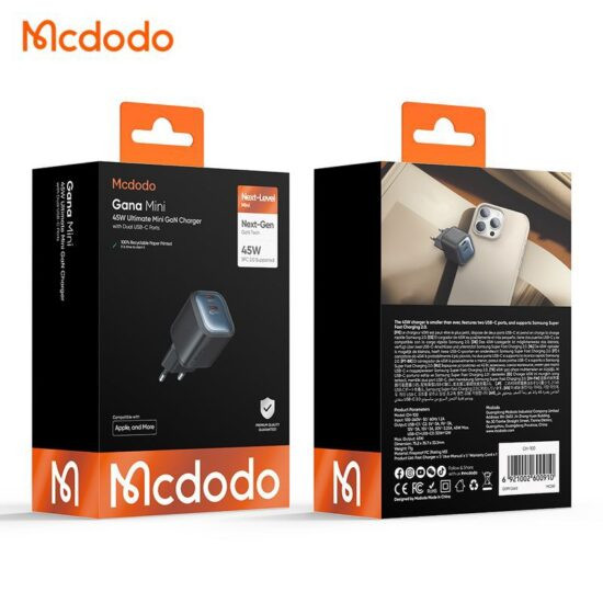 شارژر آداپتور دیواری مینی 45 وات 2پورت برند مک دودو مدل MCDODO CH-100 GaN