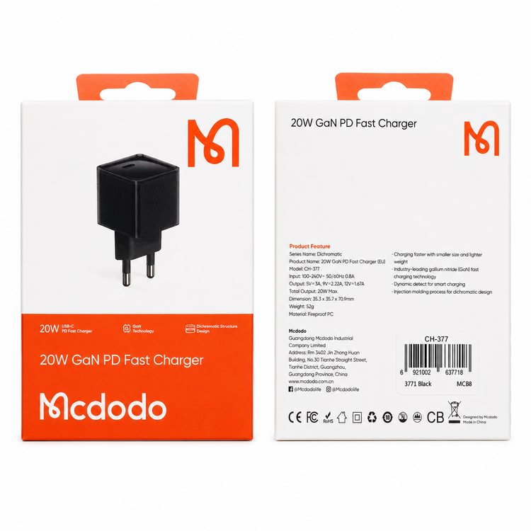 شارژر دیواری تایپ سی 20 وات مک دودو مدل Mcdodo CH-377 Mini Dichromatic Adapter GAN USB-C PD Wall Charger
