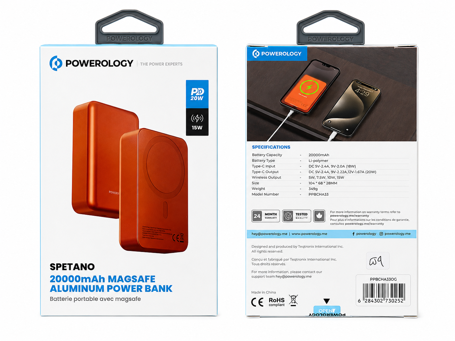 پاوربانک وایرلس 20000 مگ سیف پاورولوژی Powerology Magsafe Aluminum PPBCHA33 توان 20 وات